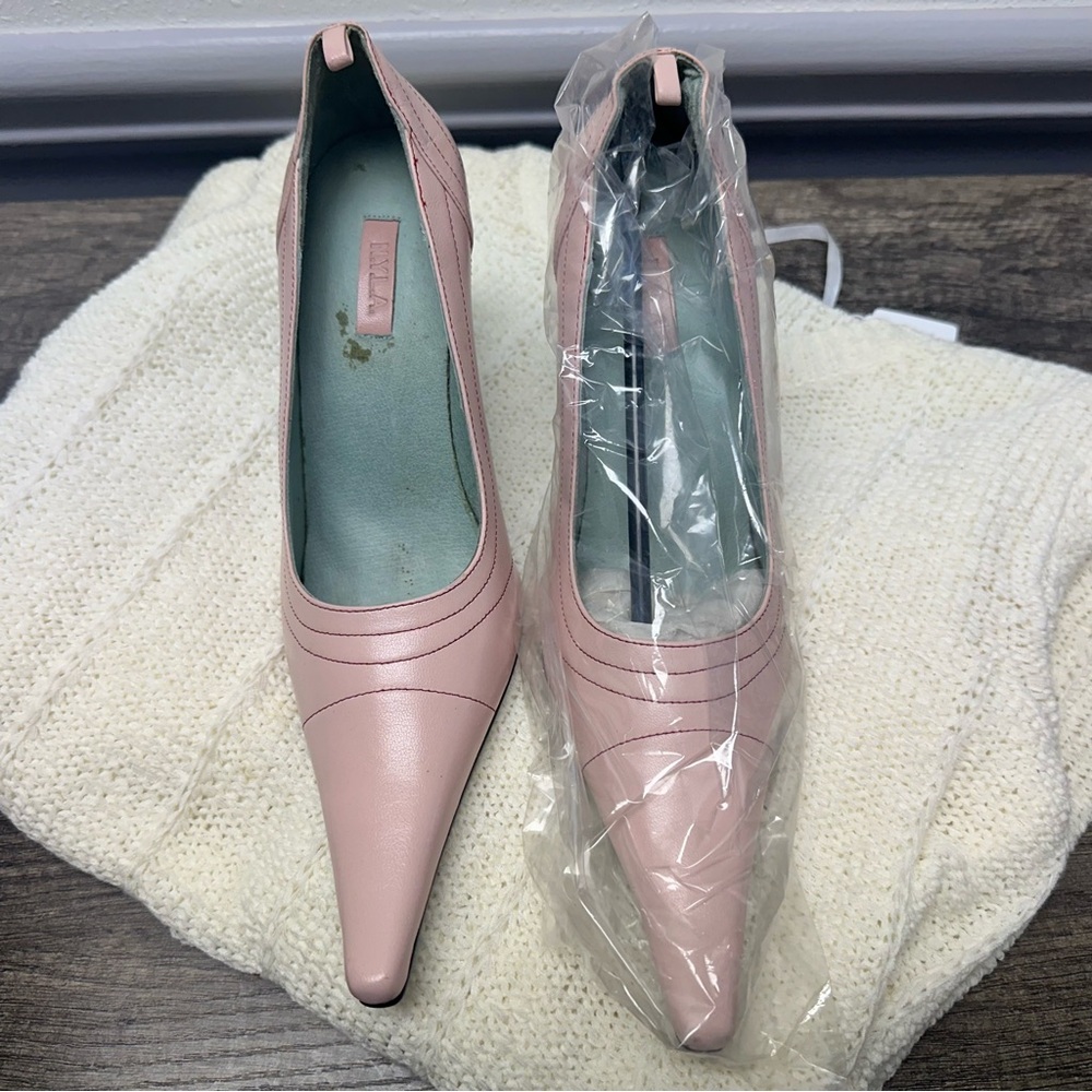 N.Y.L.A. Pink Cross Stitched Leather Women's 4” Heels NWB $99
